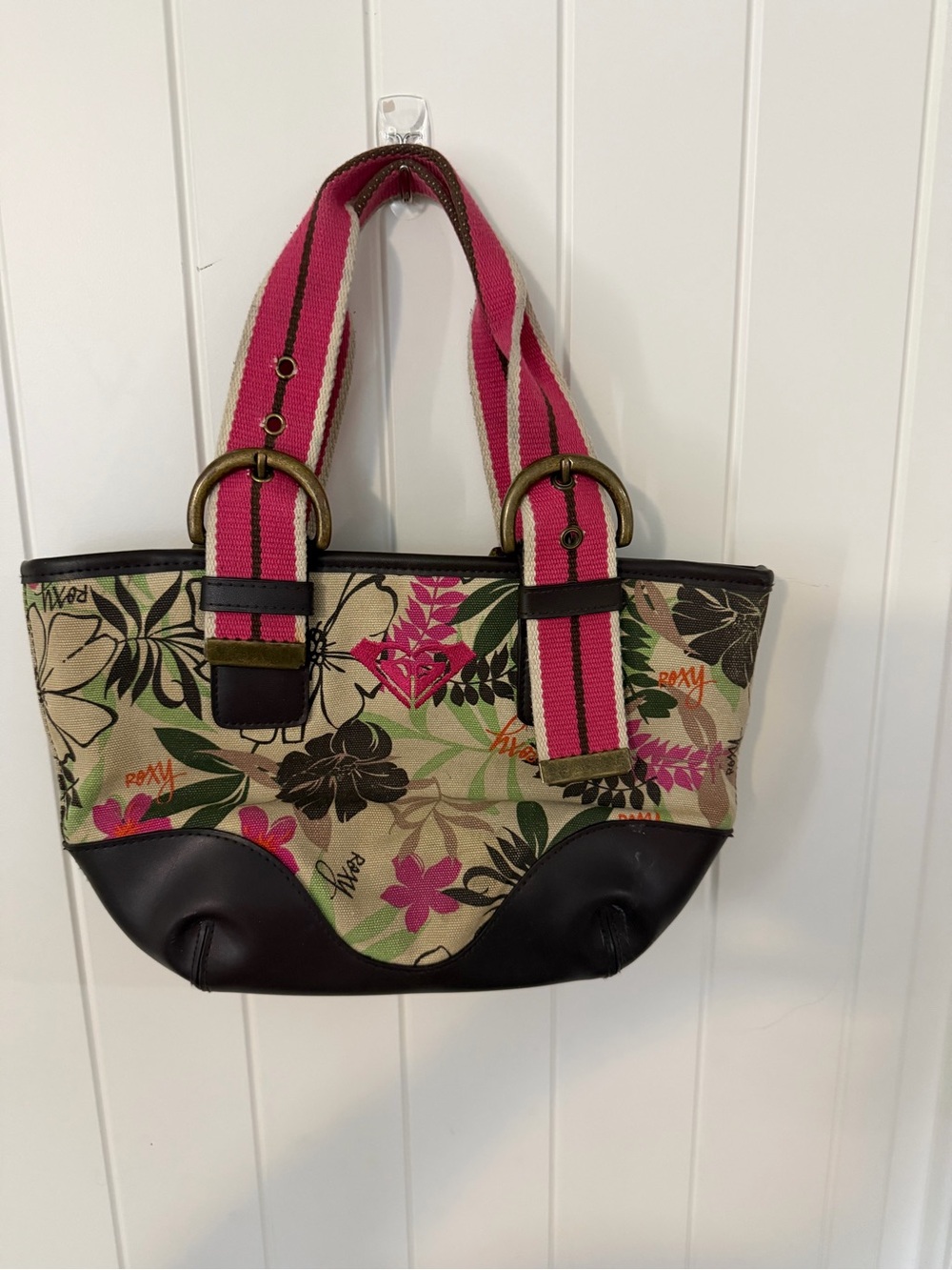 Roxy Floral Canvas Tote with Pink Stripe Handles